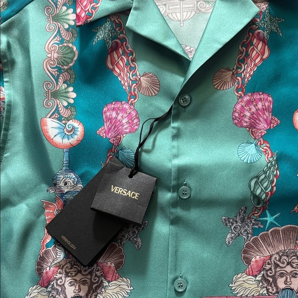 Versace Men's Teal and Pink Baroque Print Shirt - Picture 3 of 11